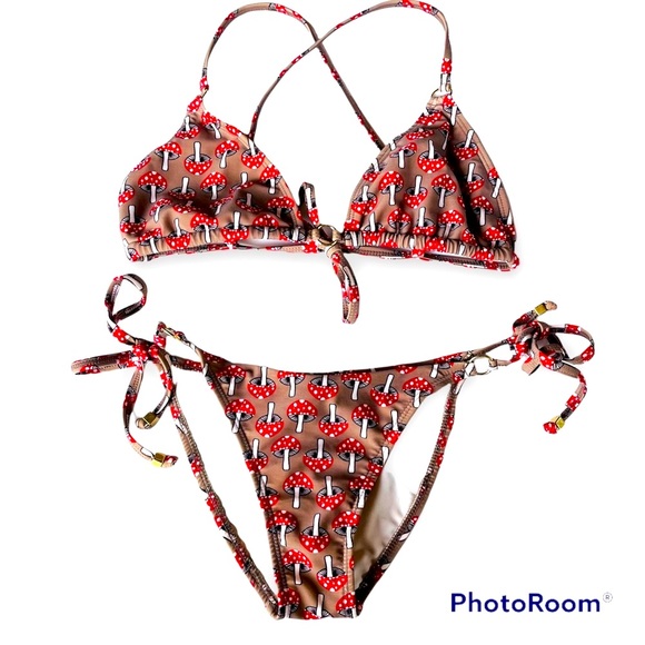 Letarte Other - LETARTE Taupe Tie Side Bikini Gold tone Hardware The Fly Agaric Mushroom Print.